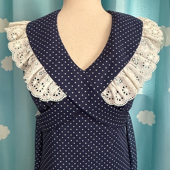 Vintage prairie dress- polka dot navy ruffle, lace cross tie maxi- XXS - Picture 4 of 14